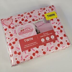 Valentines Day Cherries Red Pink Hearts 3pc TWIN Sheets Set Cherry Sweet Love